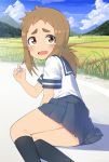  1girl absurdres black_legwear blue_skirt blush brown_eyes brown_hair clouds coin field from_side furrowed_eyebrows grass hibina_mina highres holding karakai_jouzu_no_takagi-san kneehighs long_hair looking_at_viewer low_ponytail noria on_ground open_mouth pleated_skirt school_uniform serafuku shirt short_sleeves sitting skirt sky solo tears white_shirt 