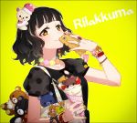 1girl bag bangs black_hair black_shirt blush bracelet brown_hair cellphone charm_(object) closed_mouth crepe eyebrows_visible_through_hair food hakusai_(tiahszld) holding holding_cellphone holding_food holding_phone jewelry looking_at_viewer original phone polka_dot puffy_short_sleeves puffy_sleeves rilakkuma ring san-x shirt short_sleeves shoulder_bag smile solo stuffed_animal stuffed_toy teddy_bear 