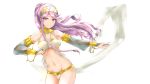  1girl armband braid breasts bridal_gauntlets elbow_gloves fire_emblem fire_emblem:_kakusei gloves groin hairband highres kuso_otoko long_hair looking_at_viewer medium_breasts midriff navel olivia ponytail simple_background smile solo twin_braids white_background wristband 