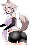  1girl amisu animal_ears ass black_pants breasts commentary_request cowboy_shot elbow_gloves eyebrows_visible_through_hair fingerless_gloves from_behind from_below gloves grey_hair hat inubashiri_momiji large_breasts looking_at_viewer maroon_eyes midriff open_mouth pants pom_pom_(clothes) shirt short_hair short_shorts shorts sleeveless sleeveless_shirt solo standing tail tokin_hat tongue touhou turtleneck twisted_torso white_background white_shirt wolf_ears wolf_tail 