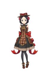  1girl argyle arms_at_sides black_dress black_eyes black_hair black_legwear brown_dress brown_footwear brown_hat dress elbow_gloves flower frown full_body gloves hair_flower hair_ornament hat highres looking_at_viewer official_art pantyhose princess_principal princess_principal_game_of_mission short_hair solo standing thick_eyebrows toudou_chise transparent_background 