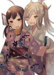  2girls ahoge asashimo_(kantai_collection) bent_over bow brown_hair eyebrows_visible_through_hair eyes_visible_through_hair fujinami_(kantai_collection) fur_trim green_eyes hair_bow japanese_clothes kantai_collection kimono long_sleeves looking_at_viewer mouth_hold multiple_girls obi one_eye_closed pink_kimono protected_link rinto_(rint_rnt) sash silver_hair simple_background smile standing white_background white_kimono yellow_eyes 