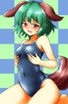  1girl animal_ears blue_swimsuit blush checkered checkered_background competition_school_swimsuit competition_swimsuit d-m_(dii_emu) dog_ears dog_tail flat_chest green_eyes green_hair highres kasodani_kyouko one-piece_swimsuit open_mouth school_swimsuit short_hair sitting solo swimsuit tail touhou wariza 
