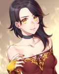  1girl artist_name black_hair choker cinder_fall commentary_request dress eyebrows_visible_through_hair happy kio_rojine nail_polish rwby solo strapless strapless_dress yellow_eyes 