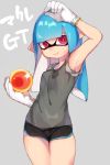  1girl alternate_costume arm_up armpits black_shorts blue_hair boyshorts breasts closed_mouth cowboy_shot glint gloves golden_egg grey_background highres holding inkling iriehana long_hair looking_at_viewer pink_eyes pointy_ears salmon_run shiny shiny_hair shiny_skin shorts simple_background sleeveless small_breasts smile solo splatoon splatoon_2 standing straight_hair sweat tank_top tentacle thighs very_long_hair white_gloves 