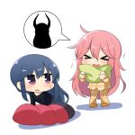  &gt;_&lt; 2girls blue_eyes blue_hair blush chibi closed_eyes commentary_request hair_between_eyes kagamihara_nadeshiko long_hair long_sleeves multiple_girls open_mouth pajamas pillow pink_hair shima_rin twumi yurucamp 