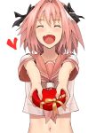  1boy :d astolfo_(fate) bangs black_bow blush bow closed_eyes commentary_request eyebrows_visible_through_hair facing_viewer fang fate/apocrypha fate_(series) hair_bow heart heart-shaped_box highres holding male_focus multicolored_hair navel neckerchief open_mouth pink_hair pink_neckwear pink_sailor_collar sailor_collar school_uniform serafuku shirt short_sleeves simple_background smile solo streaked_hair trap valentine white_background white_shirt zonotaida 