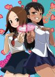  2girls black_hair blue_skirt blush bondance012 brown_eyes brown_hair commentary crossover dark_skin finger_gun grin hair_ornament hairclip hand_on_own_chest heart highres ijiranaide_nagatoro-san karakai_jouzu_no_takagi-san long_hair looking_at_viewer multiple_girls nagatoro pointing pointing_at_viewer school_uniform serafuku shirt skirt smile takagi-san teeth trait_connection white_shirt 