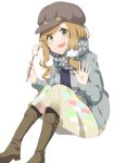  1girl :d blush green_eyes highres inuyama_aoi looking_at_viewer open_mouth ponytail scarf sitting smile solo waving yunekoko 