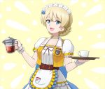  1girl :d alternate_costume apron bangs blonde_hair blue_bow blue_eyes bow bow_choker braid choker coco&#039;s commentary cup darjeeling emblem english eyebrows_visible_through_hair frilled_apron frilled_skirt frills girls_und_panzer hair_bow holding jacket large_bow layered_skirt looking_at_viewer maid_headdress name_tag omachi_(slabco) open_mouth puffy_short_sleeves puffy_sleeves shirt short_hair short_sleeves skirt smile solo st._gloriana&#039;s_(emblem) teacup teapot tied_hair tray twin_braids upper_body waist_apron white_apron white_shirt white_skirt wristband yellow_choker yellow_jacket 