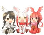  3girls bangs between_legs bird_tail bird_wings black-headed_ibis_(kemono_friends) black_eyes black_hair braid chibi clenched_hand elbow_gloves eyebrows_visible_through_hair fur_collar gloves gradient_hair hair_ornament hand_between_legs head_wings japanese_crested_ibis_(kemono_friends) kemono_friends long_sleeves multicolored_hair multiple_girls neck_ribbon open_mouth pantyhose pleated_skirt red_eyes redhead ribbon scarlet_ibis_(kemono_friends) short_hair_with_long_locks sitting skirt twintails user_tcrs2552 white_hair wings yellow_eyes 