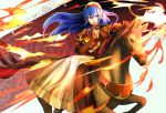  1girl blue_eyes book bridle copyright_name dress elbow_gloves fingerless_gloves fire fire_emblem fire_emblem:_fuuin_no_tsurugi fire_emblem_heroes gloves hair hat horse horseback_riding lilina long_hair open_mouth red_dress riding shoochiku_bai 