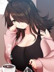  1girl black_tank_top borrowed_character breasts brown_hair cleavage coffee green_eyes hair_over_one_eye huge_breasts jacket long_hair mofuaki mole mole_under_eye open_clothes open_jacket original shiny shiny_hair sleepy sleeves_past_wrists small_hands solo steam tank_top 