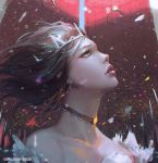  1girl artist_name blue_eyes brown_hair building commentary confetti deviantart_username floating_hair gate guweiz looking_up original outdoors parade parted_lips pink_lips polearm solo_focus spear tiara watermark weapon web_address wind 