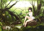  1girl absurdres aoyama_sumika black_hair bottomless breasts brown_eyes cleavage coffee-kizoku collarbone day fish forest highres medium_breasts nature original outdoors shirt short_hair sitting sleeveless sleeveless_shirt solo white_shirt 