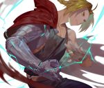  1boy ahoge bangs belt black_shirt blonde_hair blue_pants braid cape clenched_teeth denim edward_elric electricity fullmetal_alchemist gloves grey_gloves jeans male_focus mechanical_arm pants parted_bangs red_cape shirt single_glove solo teeth yamakawa yellow_eyes 