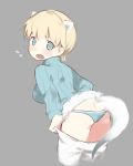  1girl absurdres animal_ears ass bangs blonde_hair blue_eyes blue_panties blue_sweater blush brave_witches breasts commentary_request flying_sweatdrops fur_trim grey_background hair_between_eyes hasegawa_(rarairairai) highres leaning_forward looking_at_viewer looking_back medium_breasts nikka_edvardine_katajainen open_mouth panties pantyhose pantyhose_pull short_hair simple_background solo sweater tail underwear white_legwear world_witches_series 