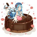  1girl ;) asuna_(sao-alo) blue_eyes blue_hair blue_hat blue_ribbon breasts cake choker cleavage dress flower food full_body gloves hat hat_flower hat_ribbon legs_up long_hair lying medium_breasts on_stomach one_eye_closed outstretched_arm pantyhose petals pointy_ears red_flower ribbon short_dress simple_background smile solo sword_art_online very_long_hair white_background white_gloves white_legwear 