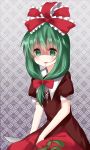  1girl background blouse blush bow eyebrows_visible_through_hair eyelashes frilled_ribbon frills front_ponytail green_eyes green_hair hair_bow hair_in_mouth hair_ribbon highres kagiyama_hina knife looking_at_viewer open_mouth puffy_short_sleeves puffy_sleeves red_blouse red_bow red_ribbon red_skirt ribbon ruu_(tksymkw) shaded_face short_sleeves sitting skirt solo touhou yandere 