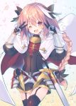  1boy astolfo_(fate) black_bow black_ribbon blush bow braid double_v fang fate/apocrypha fate/grand_order fate_(series) garter_straps hair_intakes hair_ribbon long_braid looking_at_viewer male_focus multicolored_hair one_eye_closed open_mouth pink_hair red_sailor_collar ribbon sailor_collar single_braid smile solo streaked_hair suzuho_hotaru trap v violet_eyes waistcoat 