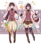  1boy 1girl animal_costume animal_hood brown_hair bunny_boy bunny_costume bunny_girl bunny_hood bunny_tail bunnysuit carrot dinikee easter_egg egg fire_emblem fire_emblem:_kakusei fire_emblem_heroes genderswap hood looking_at_viewer mark_(fire_emblem) red_eyes smile tail 