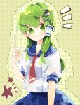  1girl alternate_costume alternate_outfit finger_pointing_up frog_hair_accessory green_eyes green_hair hair_accessories kochiya_sanae long_hair looking_at_viewer necktie school_uniform seifuku skirt star touhou 