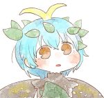  1girl :o antennae bangs blue_hair blush brown_eyes commentary_request copyright_request leaf leaf_on_head looking_at_viewer parted_lips sasa_kichi short_hair simple_background solo upper_body white_background 