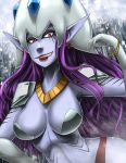  1girl breasts calmaramon center_opening cleavage digimon digimon_frontier earrings gloves hat jewelry large_breasts lipstick long_hair makeup necklace pointy_ears purple_hair purple_skin red_eyes solo teeth upper_body 