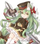  1girl :p absurdres akashi_(azur_lane) animal_ears azur_lane bangs bell black_bow blush bow braid brown_dress brown_hat cat_ears closed_mouth commentary_request coreytaiyo dated dress eyebrows_visible_through_hair green_hair hair_bell hair_between_eyes hair_bow hair_ornament hands_up hat heart highres jingle_bell long_hair long_sleeves looking_at_viewer military_hat peaked_cap red_bow sidelocks signature sleeves_past_fingers sleeves_past_wrists solo tail tail_bell tail_bow thigh-highs tongue tongue_out very_long_hair white_background white_legwear yellow_eyes 