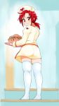  1girl commentary_request cosplay daiou food highres hino_akane_(smile_precure!) legs looking_at_viewer medium_hair nurse precure red_eyes redhead smile_precure! solo thigh-highs 