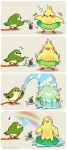  4koma bird black_eyes blush cockatiel comic era_(traveling_bird) grey_background hose innertube japanese_white-eye musical_note no_humans original plant quaver rainbow spoken_musical_note struggling surprised water watering wet 