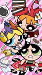  3girls annoyed black_hair blonde_hair blossom_(ppg) blue_dress blue_eyes book bottle bow bubbles_(ppg) buttercup_(ppg) cartoon_network cookie crayon dress eating ezaki_bisuko food frown green_dress green_eyes guitar hair_bow highres instrument looking_away looking_up multiple_girls octi orange_hair pantyhose phone pink_background pink_dress pink_eyes plate powerpuff_girls reading record shaded_face shoes short_hair siblings simple_background sisters smile stuffed_toy sweets toy twintails white_legwear 