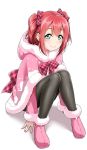  1girl \||/ aqua_eyes blush bow cloak commentary_request fur-trimmed_boots fur-trimmed_cloak fur-trimmed_sleeves fur_trim hair_bow highres hood hood_down hooded_cloak knees_up kurosawa_ruby long_sleeves looking_at_viewer love_live! love_live!_sunshine!! pink_cloak pink_footwear plaid plaid_bow redhead sitting smile solo two_side_up white_background yopparai_oni 