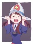  1girl alternate_headwear blush brown_hair closed_eyes commentary_request happy highres kagari_atsuko little_witch_academia luna_nova_school_uniform open_mouth smile solo tama upper_teeth 