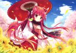  1girl absurdres animal animal_ears animal_on_shoulder bird_on_shoulder cherry_blossoms eyebrows_visible_through_hair field floating_hair floral_print flower flower_field fox_ears fox_tail from_below hair_ribbon hakama highres holding holding_umbrella japanese_clothes long_hair oriental_umbrella original outdoors petals red_eyes red_hakama red_umbrella redhead ribbon shiromochi_sakura solo tail tree umbrella very_long_hair white_ribbon yellow_flower 