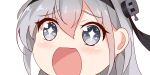  +_+ 1girl close-up eyebrows_visible_through_hair grey_eyes hair_ornament headband kantai_collection long_hair looking_at_viewer nahaki no_nose one_side_up open_mouth silver_hair simple_background solo sparkling_eyes suzutsuki_(kantai_collection) symbol-shaped_pupils white_background 