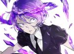  amethyst_(houseki_no_kuni) amethyst_84 androgynous braid broken gem_uniform_(houseki_no_kuni) hair_over_one_eye houseki_no_kuni necktie purple_hair shirt short_sleeves shumiko_(kamenokoueki) solo violet_eyes white_background white_shirt 