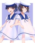  2girls :d aidesa bangs black_hair blush breasts brown_hair daitou_(kantai_collection) dress eyebrows_visible_through_hair grin hair_ribbon hat hiburi_(kantai_collection) highres kantai_collection locked_arms looking_at_viewer multiple_girls open_mouth ponytail ribbon round_teeth sailor_dress sailor_hat shiny shiny_hair shoes short_hair smile standing teeth two-tone_background white_hat white_ribbon 