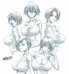  1girl breasts cleavage highres jewelry large_breasts monochrome necklace open_mouth original short_hair short_sleeves unbalance 
