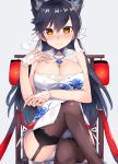  1girl alternate_costume atago_(azur_lane) azur_lane bangs bare_shoulders black_hair black_legwear blush breasts brown_eyes china_dress chinese_clothes cleavage closed_mouth commentary_request cosplay dated dress embarrassed eyebrows_visible_through_hair garter_straps gloves hair_between_eyes hair_ribbon highres large_breasts long_hair looking_at_viewer open_mouth panties pantyshot ponytail ribbon shiny shiny_hair shiny_skin simple_background sitting solo st._louis_(azur_lane) st._louis_(azur_lane)_(cosplay) thigh-highs two_side_up underwear wariza white_background white_gloves xenonstriker 