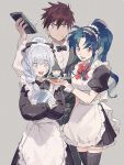  1boy 2girls alternate_costume aoki_(fumomo) apron belt black_legwear blue_eyes blue_hair bow bowtie braid breasts brown_hair chidori_kaname collared_shirt cowboy_shot cross_scar cuff_links cup enmaided eyebrows_visible_through_hair facial_scar full_metal_panic! grey_background grey_eyes hair_between_eyes long_sleeves looking_at_viewer maid maid_apron maid_headdress medium_breasts multiple_girls open_mouth pants ponytail red_eyes sagara_sousuke scar scar_on_cheek shirt silver_hair simple_background sketch smile spiky_hair teacup teletha_testarossa thigh-highs tray vest waiter zettai_ryouiki 