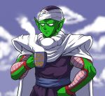  1boy blue_sky cape casual clouds cloudy_sky cup dragon_ball dragonball_z english garththedestroyer green_skin hand_on_hip hat male_focus mug muscle outdoors piccolo pointy_ears shoulder_pads sky smile solo steam turban upper_body 