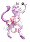  2015 arms_up blue_eyes claws closed_mouth commentary endivinity energy_ball floating looking_away looking_to_the_side mew mewtwo pokemon pokemon_(creature) pokemon_(game) pokemon_rgby realistic serious signature simple_background tail traditional_media violet_eyes white_background 