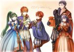  2girls 3boys artist_name belt blue_dress blue_eyes blue_hair boots bouquet box breasts cape closed_eyes copyright_name cowboy_shot dated dress eliwood_(fire_emblem) father_and_daughter father_and_son fire_emblem fire_emblem:_fuuin_no_tsurugi fire_emblem:_rekka_no_ken fire_emblem_heroes flower gift gift_box green_eyes green_hair hands_clasped hat headband hector_(fire_emblem) interlocked_fingers lilina long_hair long_sleeves lyndis_(fire_emblem) medium_breasts multiple_boys multiple_girls open_mouth own_hands_together ponytail puffy_long_sleeves puffy_pants puffy_sleeves red_dress redhead roy_(fire_emblem) shoochiku_bai short_hair smile valentine 