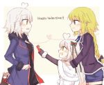  3girls ahoge anmitsu_prv arm_behind_back black_gloves blonde_hair blush bow box casual commentary_request elbow_gloves english fate/grand_order fate_(series) fur_trim gloves green_bow hair_bow happy_valentine heart heart_ahoge heart_of_string holding holding_box jacket jeanne_d&#039;arc_(alter)_(fate) jeanne_d&#039;arc_(fate) jeanne_d&#039;arc_(fate)_(all) jeanne_d&#039;arc_alter_santa_lily long_braid long_sleeves looking_at_another multiple_girls multiple_persona open_clothes open_jacket open_mouth red_bow short_hair short_shorts shorts smile striped striped_bow sweat thigh-highs valentine white_hair 