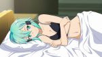  aqua_hair bed bedroom breasts cleavage collarbone crop_top crossed_arms from_side game_cg green_eyes groin hair_between_eyes hair_ornament hairclip highres indoors looking_at_viewer lying medium_breasts midriff navel official_art on_side pillow shinon_(sao) short_hair_with_long_locks sidelocks smile stomach sword_art_online 