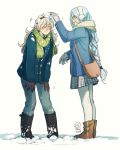  2girls aqua_(fire_emblem_if) blue_hair boots closed_eyes coat earmuffs female_my_unit_(fire_emblem_if) fire_emblem fire_emblem_if gloves highres long_hair multiple_girls my_unit_(fire_emblem_if) scarf skirt smile snow thigh-highs ticcy winter winter_clothes winter_coat 