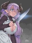  1girl alternate_costume apron breasts cleavage cleavage_cutout closed_mouth commentary_request doraf frilled_apron frills granblue_fantasy hair_ornament hair_over_one_eye hair_ribbon heart heart_hair_ornament highres holding knife large_breasts meme narumeia_(granblue_fantasy) obui pointy_ears purple_hair ribbon shaded_face signature turtleneck violet_eyes wide-eyed 