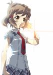  1girl backlighting brown_hair clenched_hand frown hair_ornament hairclip holding looking_at_viewer lydian_academy_uniform mototenn necktie orange_eyes school_uniform senki_zesshou_symphogear short_hair skirt solo tachibana_hibiki_(symphogear) 