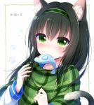 1girl animal_ears bangs blush capelet cat_ears cat_tail chunithm collarbone eyebrows_visible_through_hair green_eyes green_hair green_hairband long_hair long_sleeves looking_at_viewer mouth_hold paw_background plaid sanotsuki solo stuffed_animal stuffed_fish stuffed_toy tail tareme tearing_up tears translation_request tsukisuzu_shirona upper_body 